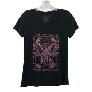 Fifth Sun SMALL Asian Elephant Henna Doodle Black Burnout Tee Small V Neck Shirt